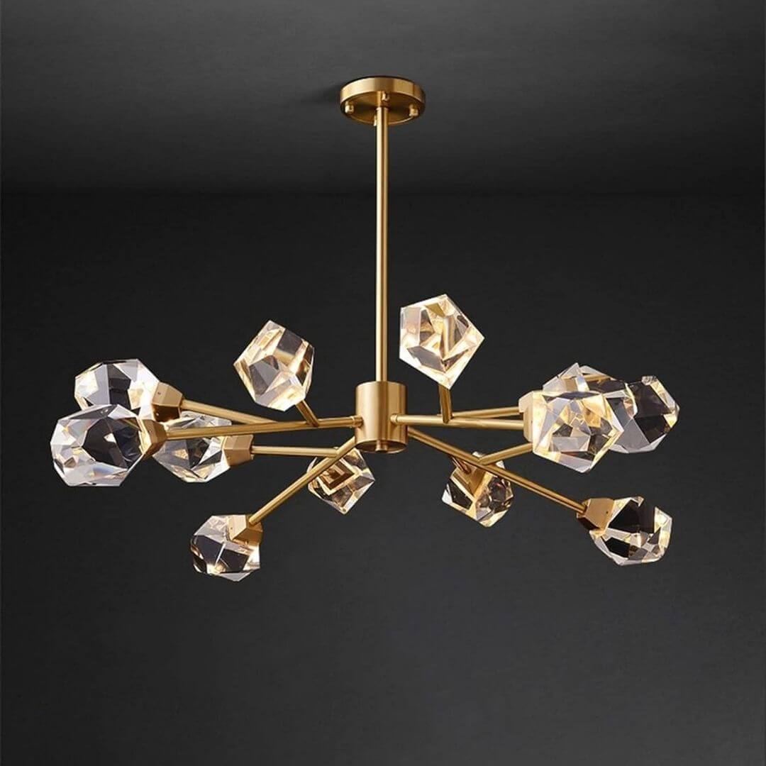 Starburst diamond-shaped chandelier light featuring radiant crystals and bold modern design for stylish spaces
