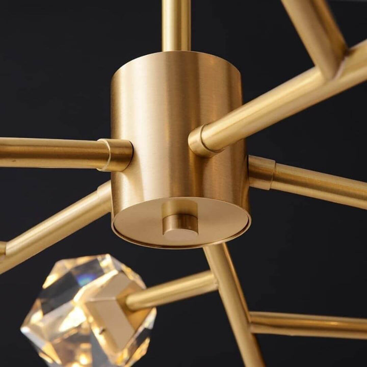 Close-up detail view of starburst diamond-shaped chandelier light’s copper connector showcasing quality craftsmanship
