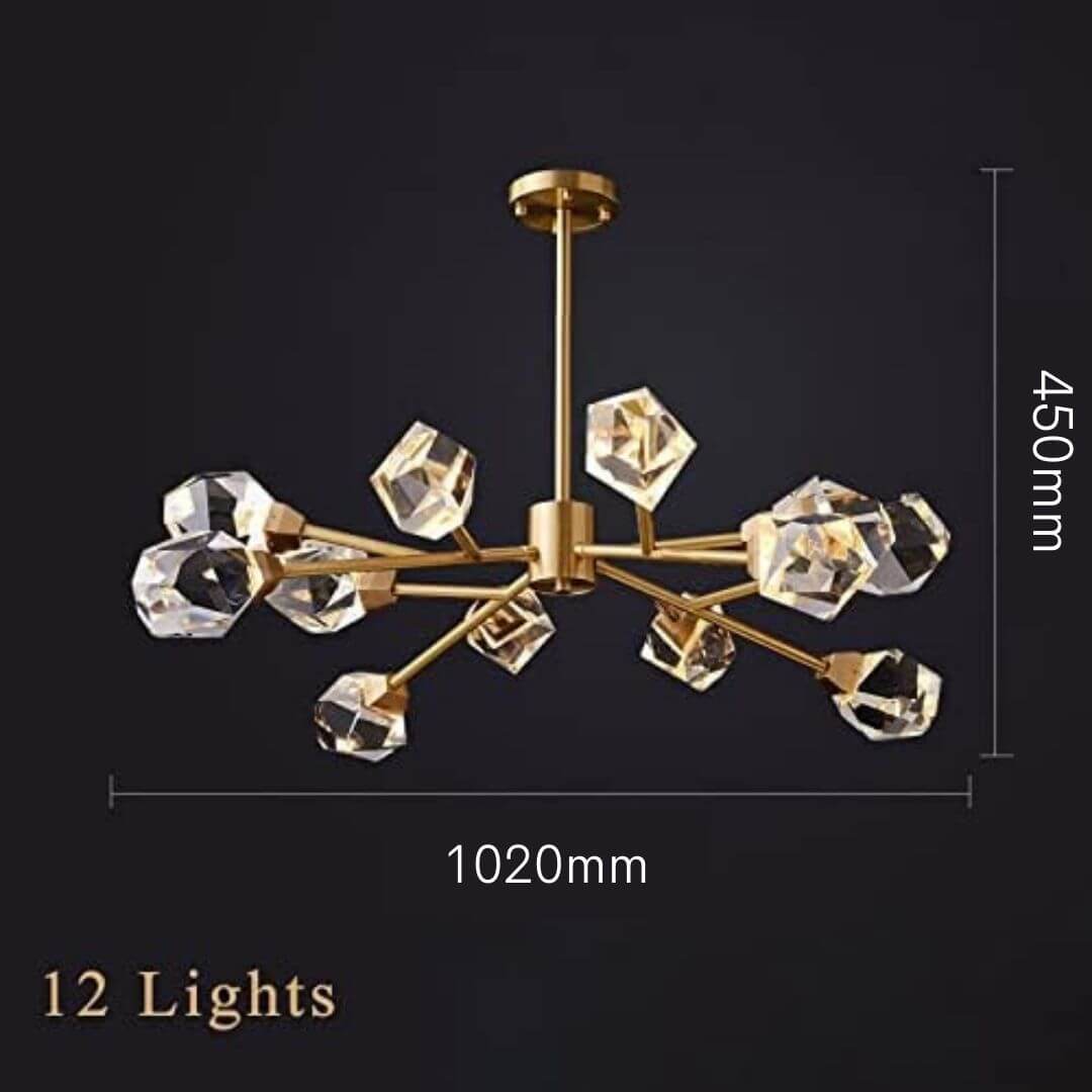 Starburst diamond-shaped chandelier with 12 lights, detailed dimensions designed for spacious and elegant interiors.