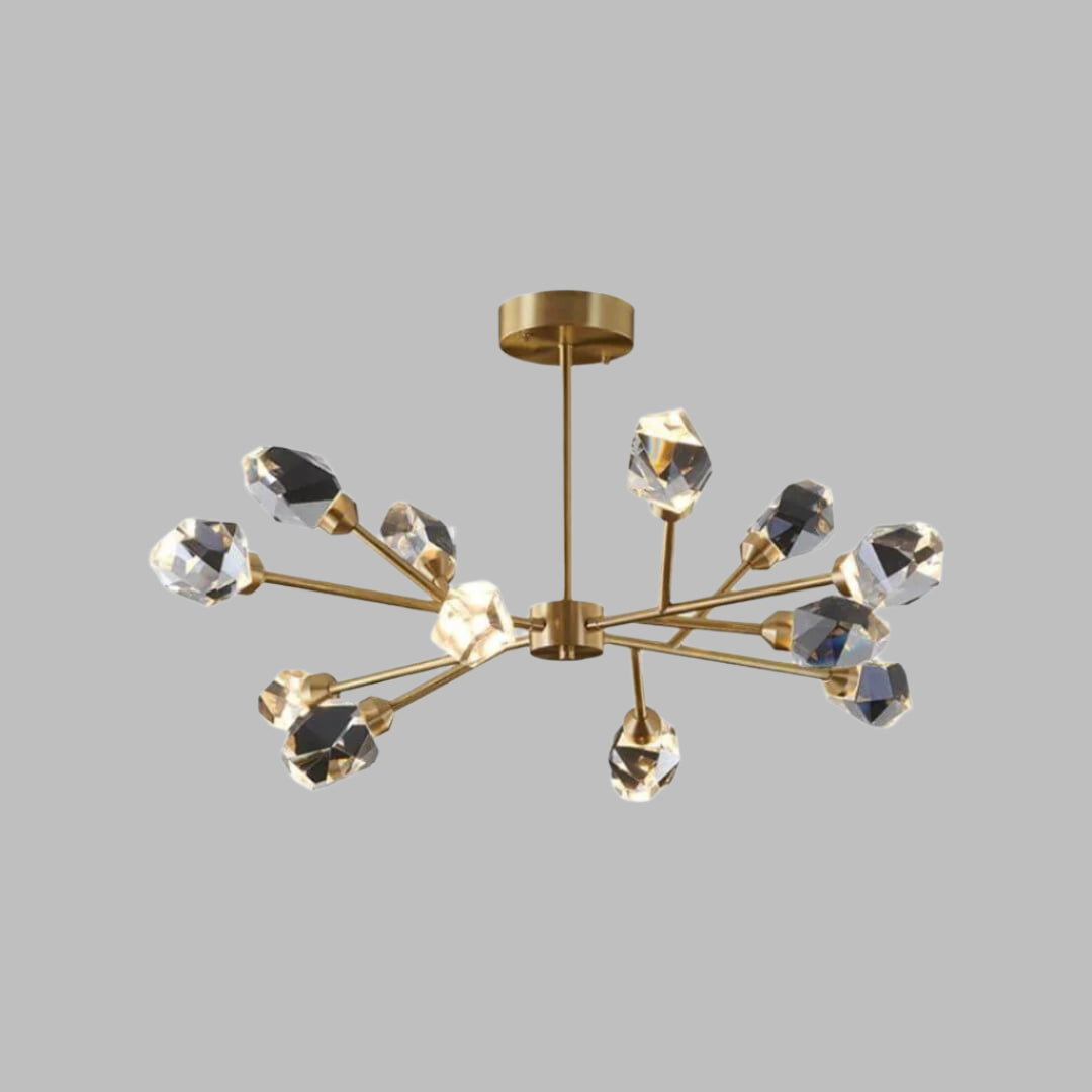Starburst diamond-shaped chandelier light featuring radiant crystals and sleek modern design for luxury spaces