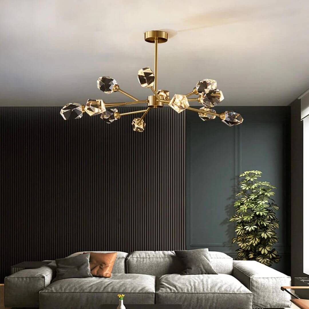 Starburst diamond-shaped chandelier light featuring radiant crystals and sleek modern design for luxury spaces