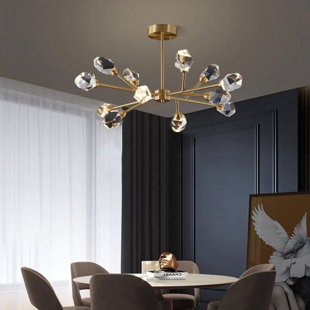 Starburst diamond-shaped chandelier light hanging above dining table, creating a glamorous and elegant ambiance