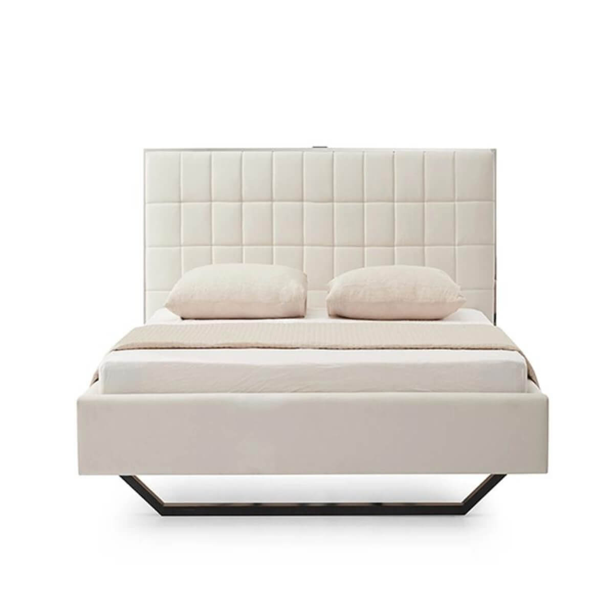 Front view of Starlight Haven cotton linen bed featuring breathable fabric and elegant minimalist design