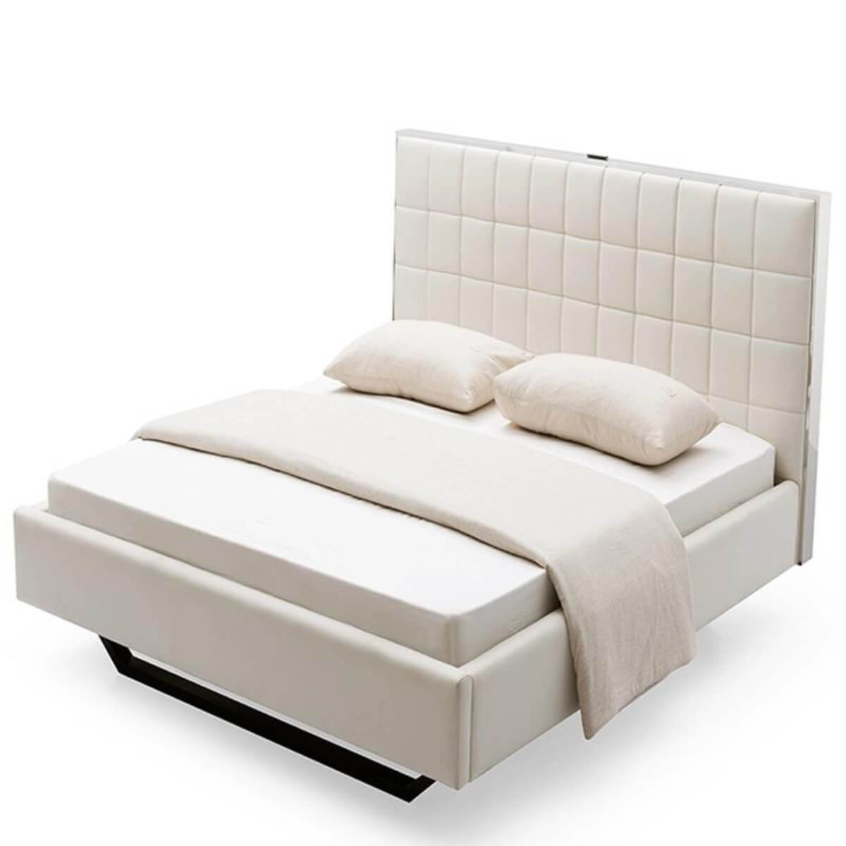 Side view of Starlight Haven cotton linen bed featuring breathable fabric, sleek frame, and modern design