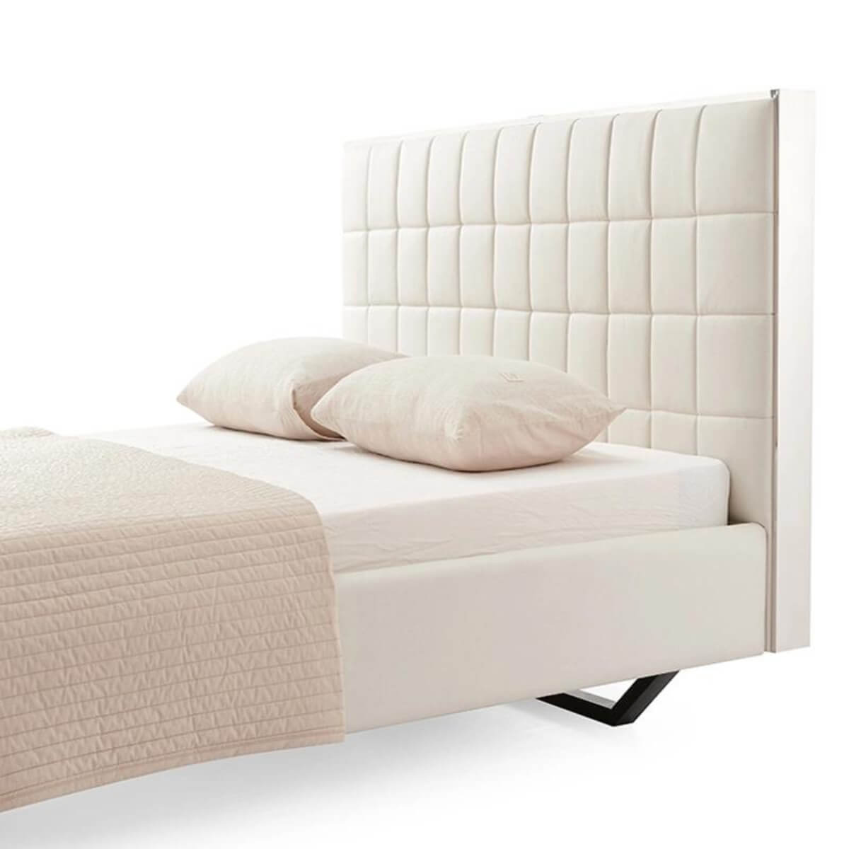 Side view of Starlight Haven cotton linen bed featuring breathable fabric and sleek modern frame