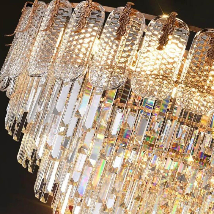 Detailed close-up view of Strand round crystal chandelier ceiling light showcasing sparkling crystals and craftsmanship.