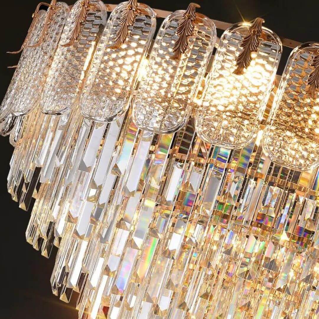 Detailed close-up view of Strand round crystal chandelier ceiling light showcasing sparkling crystals and craftsmanship.