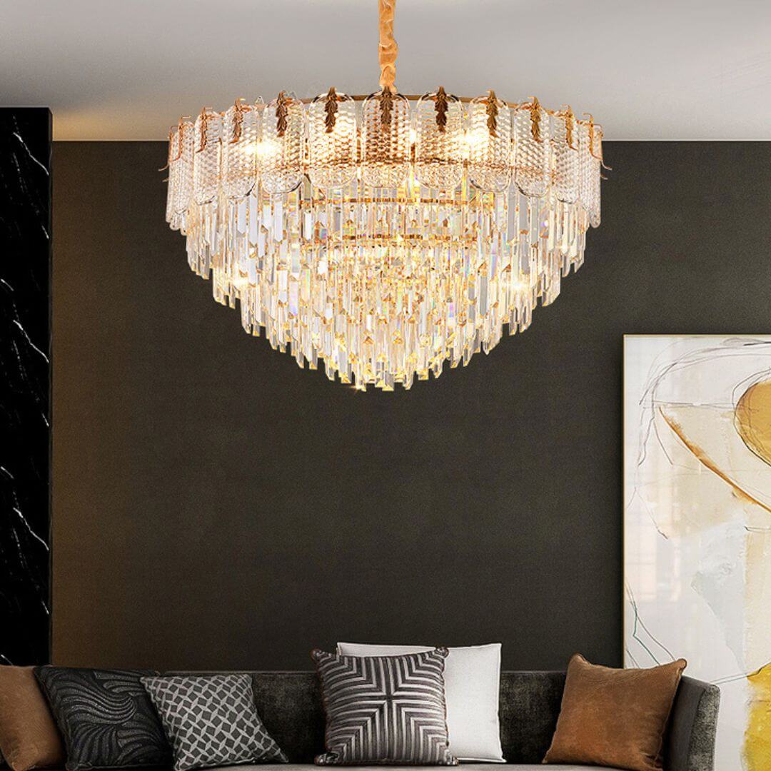 Front view of Strand round crystal chandelier ceiling light, featuring elegant crystals and refined design