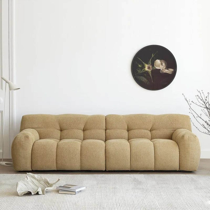 Front view of Stylish Modernista KS07 three-seater sofa with cotton-linen upholstery – contemporary design combining comfort and elegance