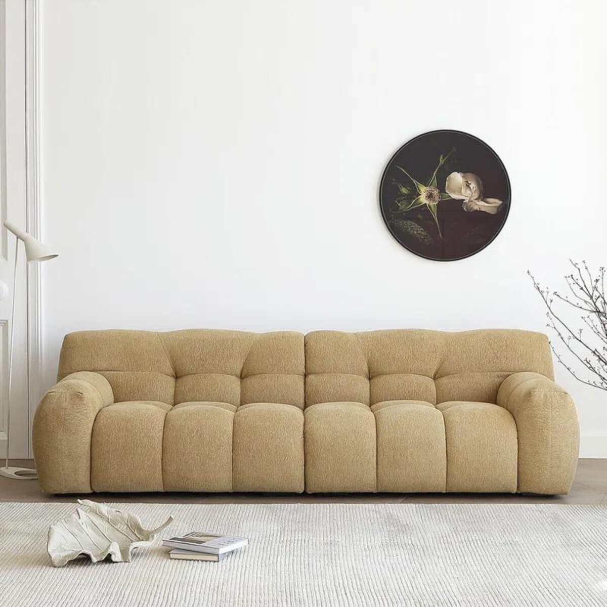 Front view of Stylish Modernista KS07 three-seater sofa with cotton-linen upholstery – contemporary design combining comfort and elegance