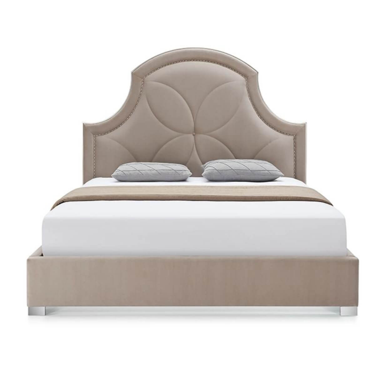 Front view of Stylish Streamline modern velvet bed featuring clean lines, soft upholstery, and sleek design