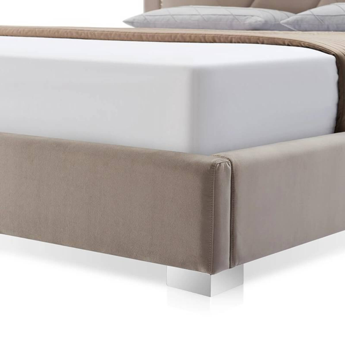 Front view of Stylish Streamline modern velvet bed featuring clean lines, soft upholstery, and sleek design