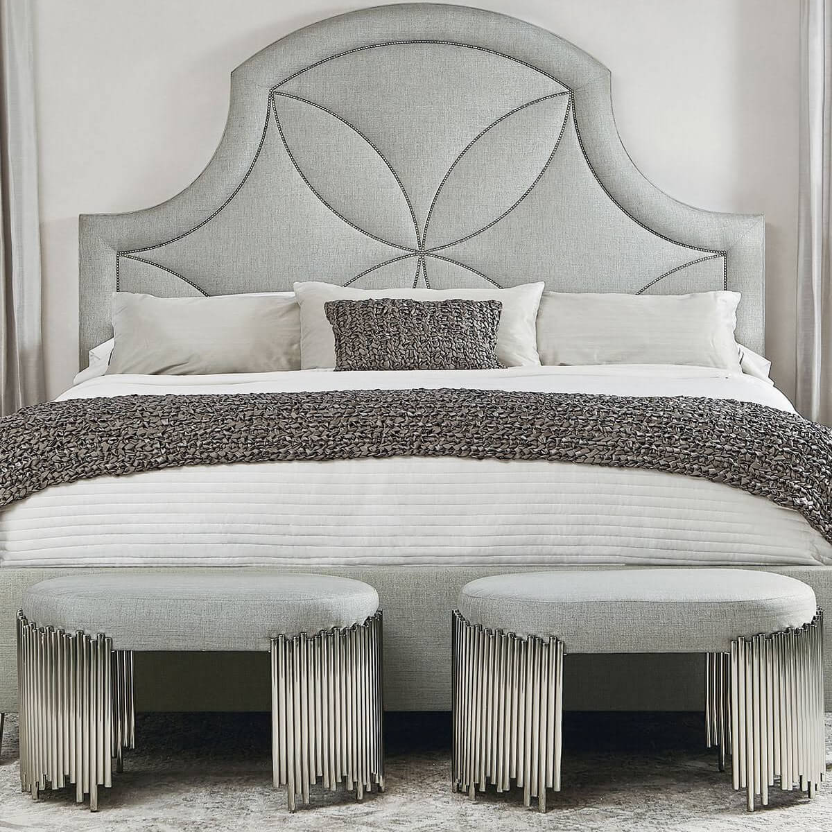 Front view of Stylish Streamline modern velvet bed featuring sleek tufted headboard and plush upholstery