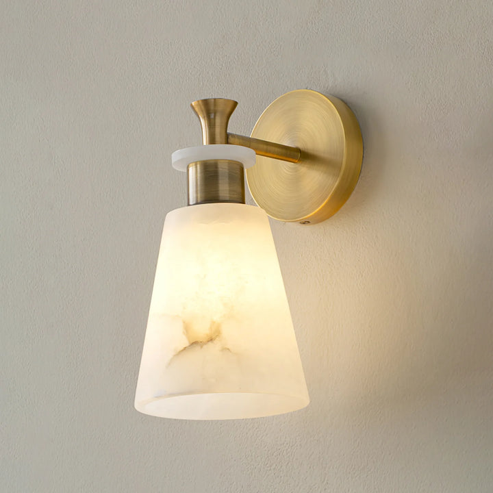 Tapered alabaster wall sconce modern lighting close-up side view elegant fixture
