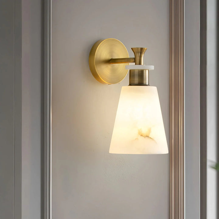 Tapered alabaster wall sconce modern lighting side front view elegant wall fixture