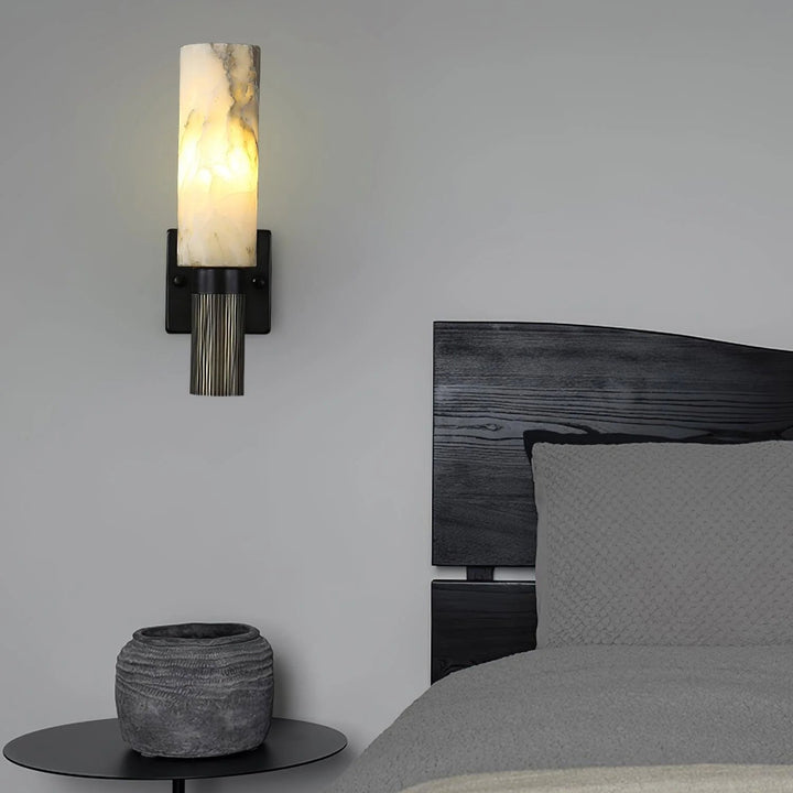 Torch alabaster sconce wall lighting bedside view for modern bedroom interiors