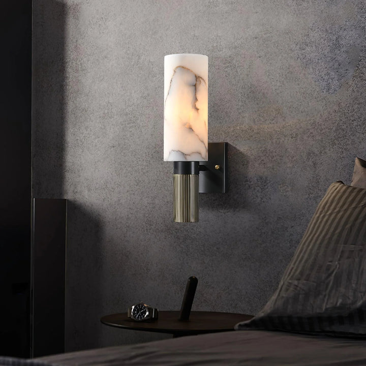 Elegant bedroom side view of torch alabaster wall sconce lighting