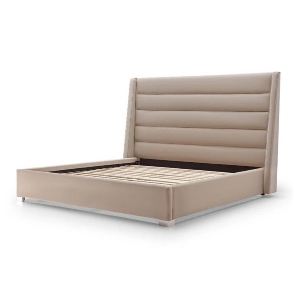 Side view of Tranquil Oasis luxurious velvet bed frame without mattress, showcasing sleek, plush design