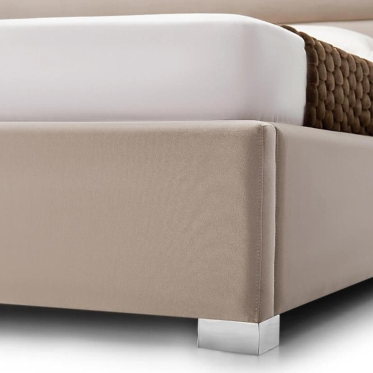 Close-up of lower side of Tranquil Oasis luxurious velvet bed showing plush fabric and sturdy frame