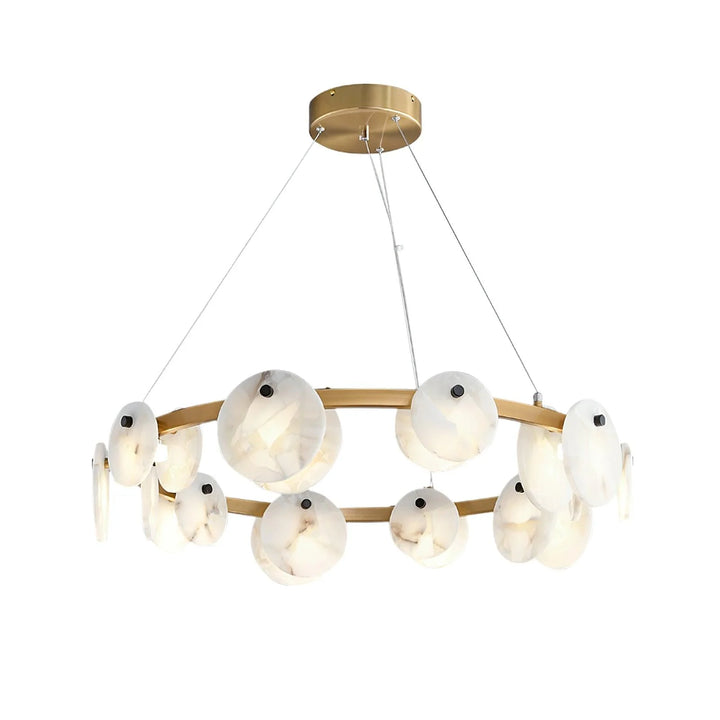 Trinidad alabaster chandelier with golden metal and round marble for modern interiors