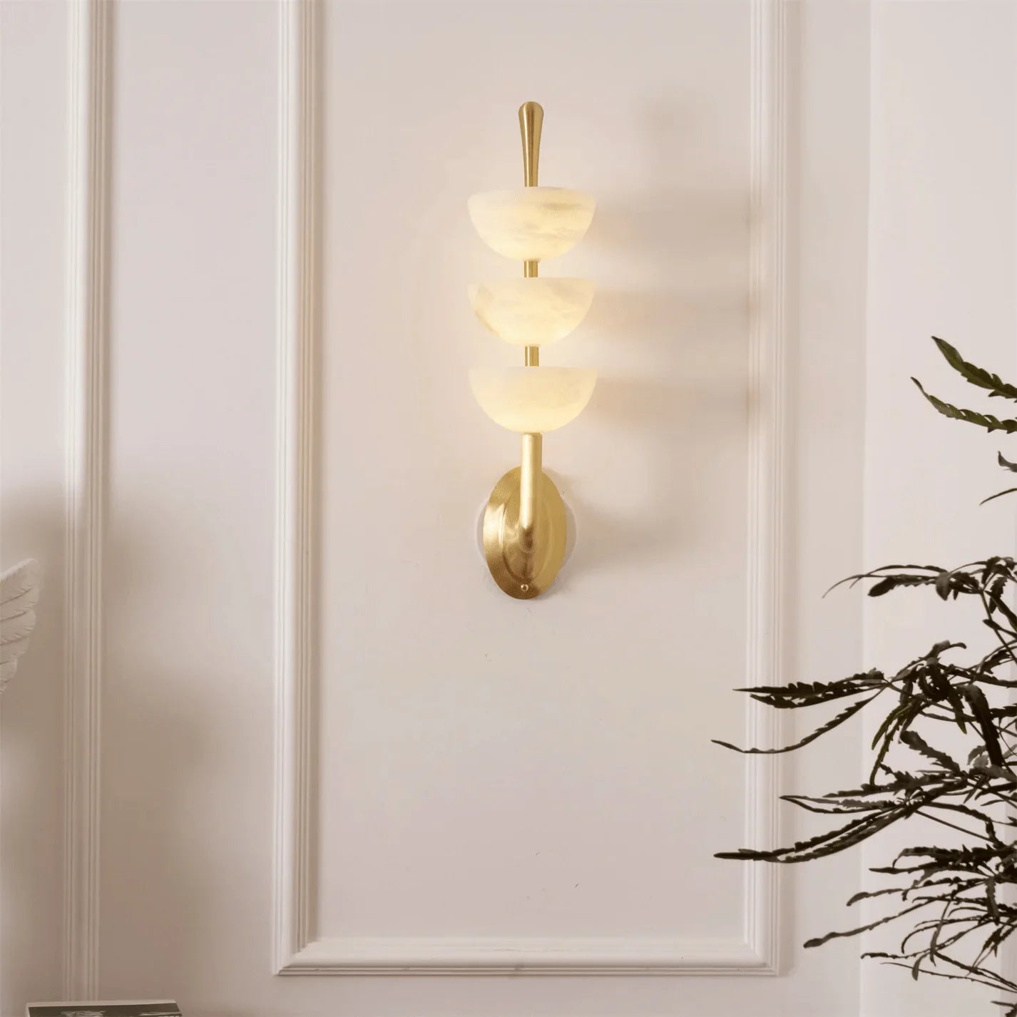 Front view of Triple Alabaster Wall Sconce, luxury lighting, elegant home interior décor