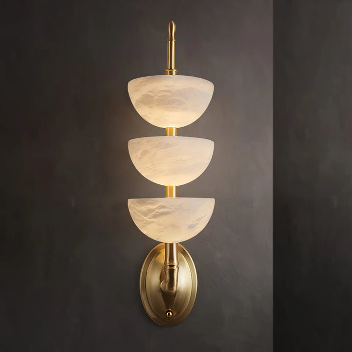 Front view of Triple Alabaster Wall Sconce with golden stand, luxury lighting, elegant home décor