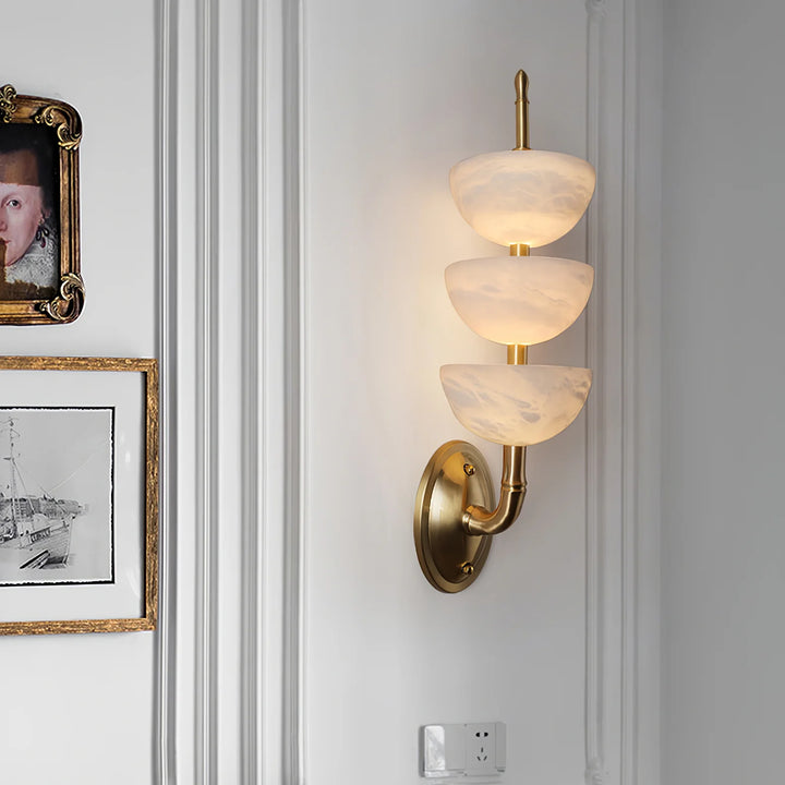 Triple Alabaster Wall Sconce with golden finish metal, luxury lighting, elegant home interior décor