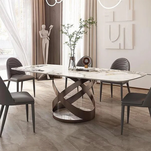 Marble dining table with elegant tripod base, combining luxurious stone top with modern minimalist support structure
