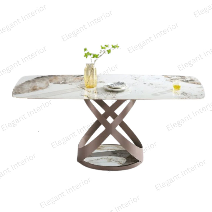 Elegant tripod base marble dining table with modern design and polished stone tabletop.