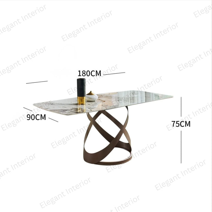 Tripod base marble dining table with size dimensions showing modern elegant design.