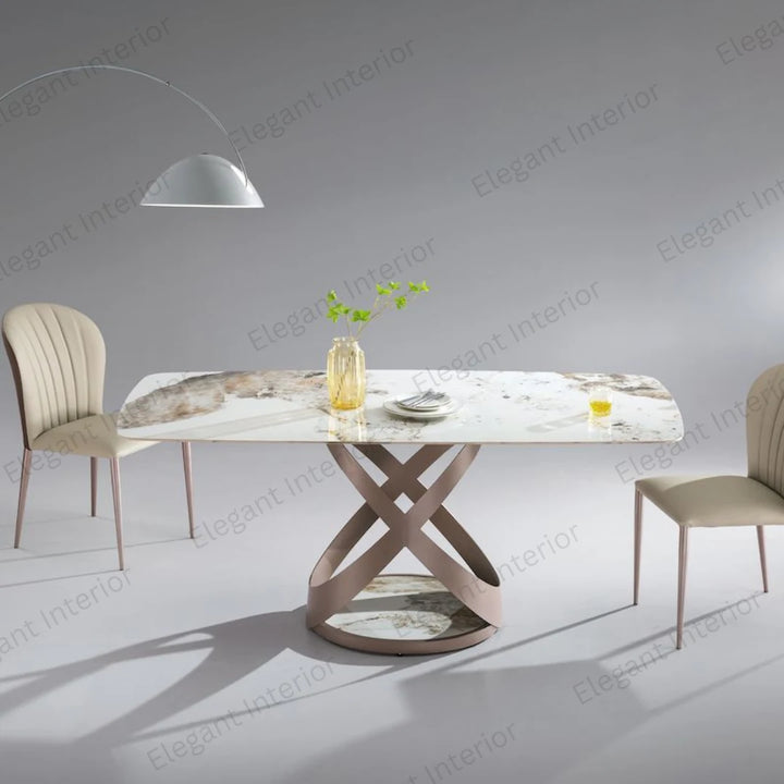 Front view of tripod base marble dining table showcasing modern luxury design