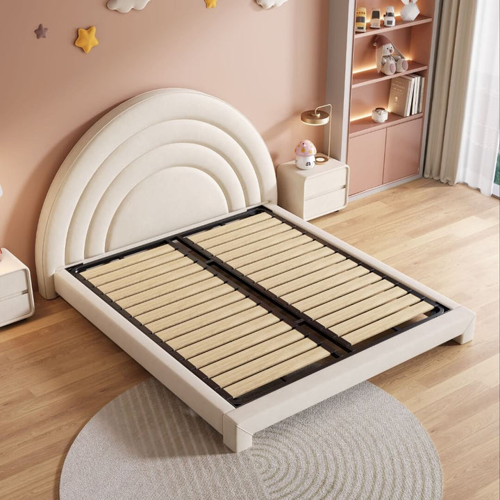 Upper view of Twilight Arch kids’ bed without mattress, showing wooden frame and arch design details