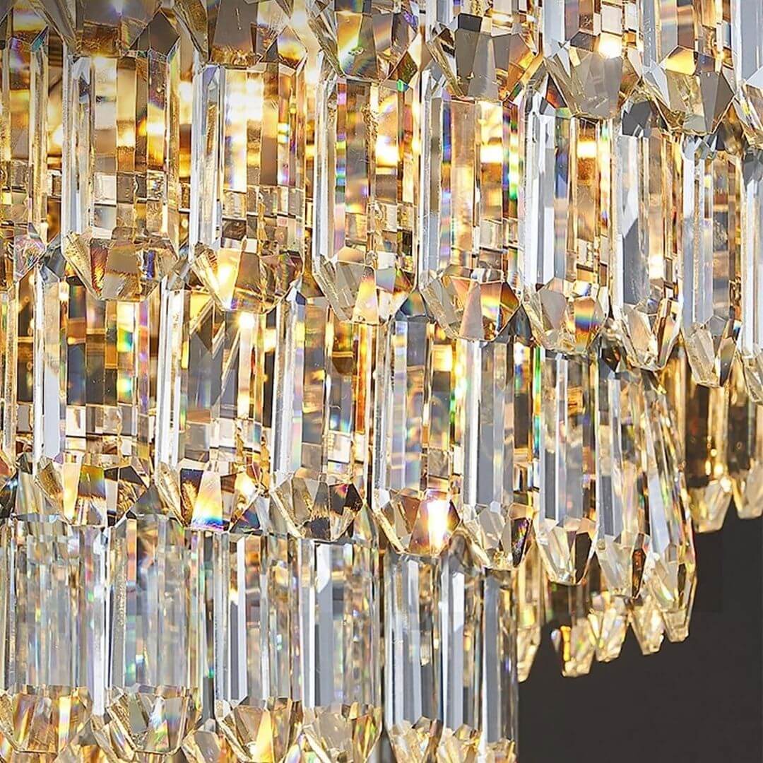 Detail View of Crystals on Twinkle Gold Chandelier Light – Elegant Modern Lighting Fixture