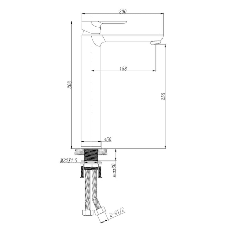 Umbron tall basin mixer faucet dimension diagram