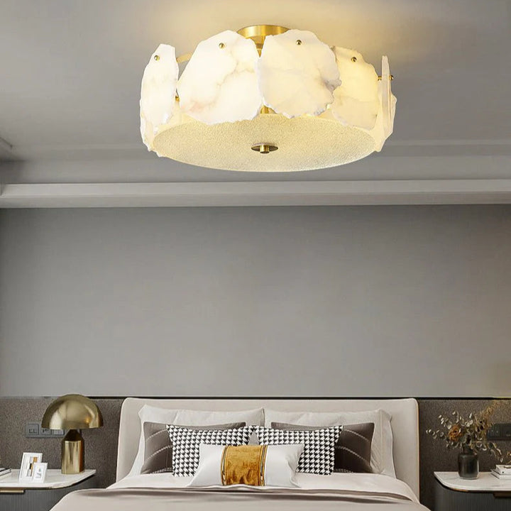 Valeria modern alabaster ceiling light in bedroom view showcasing sleek contemporary design