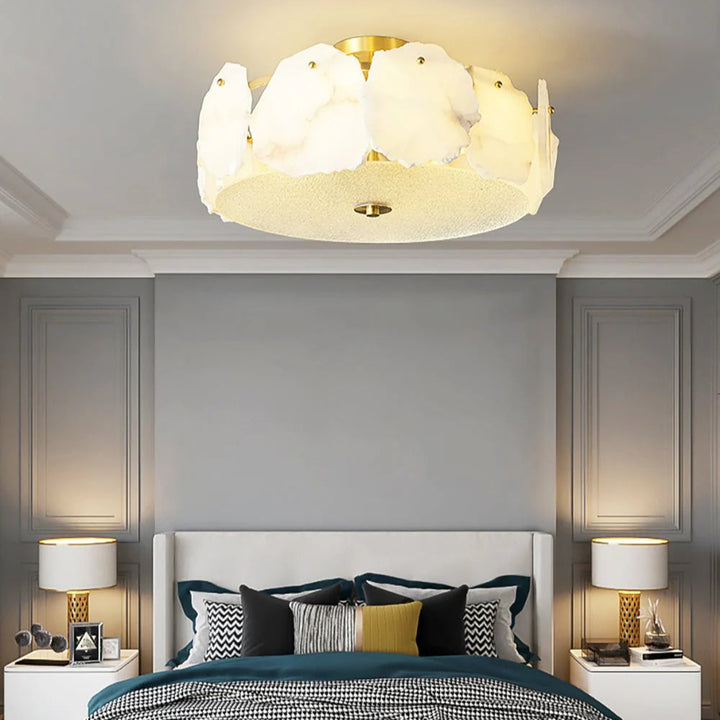 Valeria modern alabaster ceiling light in bedroom view highlighting sleek contemporary design