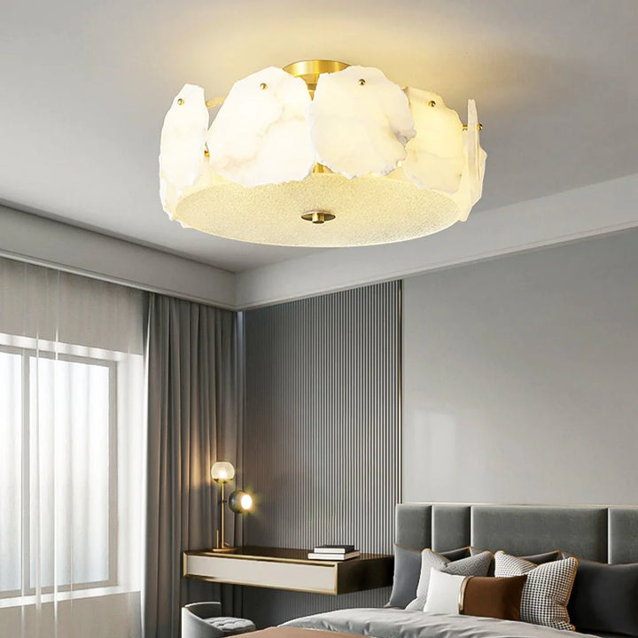 Valeria modern alabaster ceiling light in bedroom view highlighting sleek contemporary design