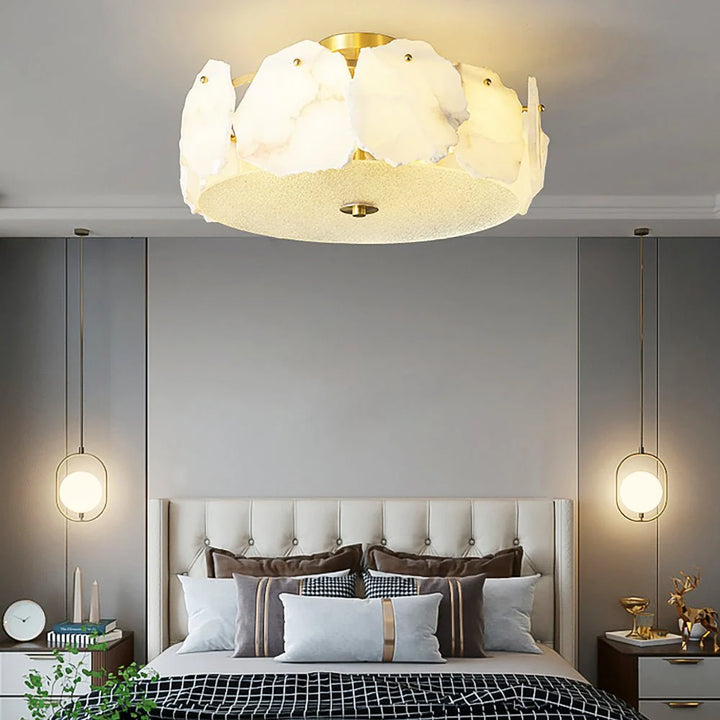 Valeria modern alabaster ceiling light bedside view showcasing sleek contemporary bedroom design