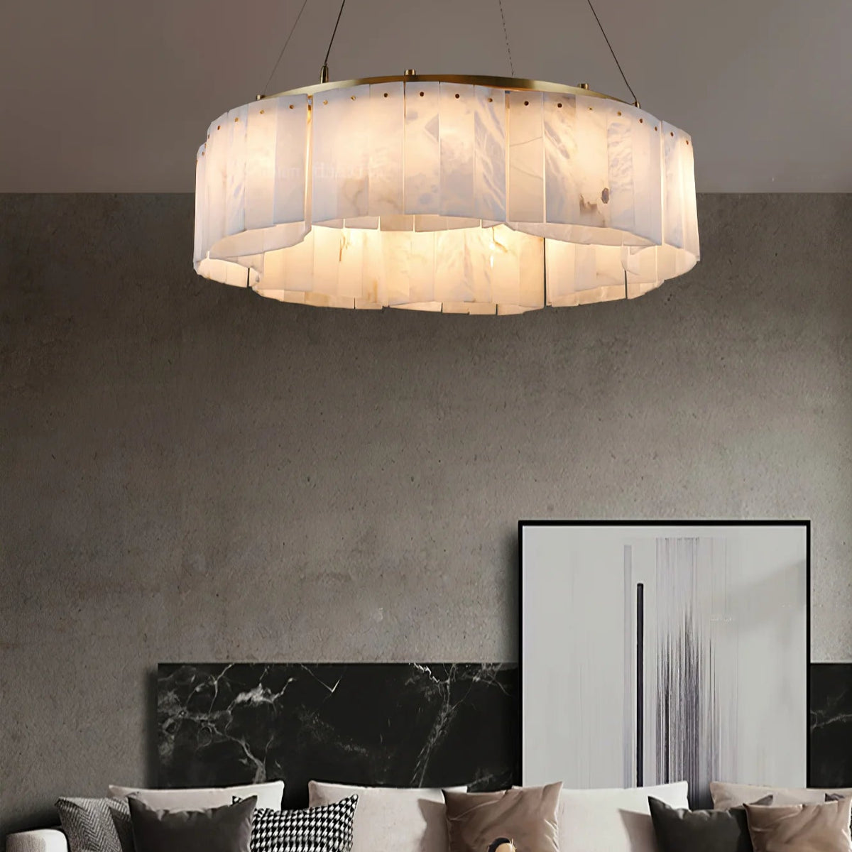 Velaria chandelier luxury lighting with an elegant front view highlighting a modern living room