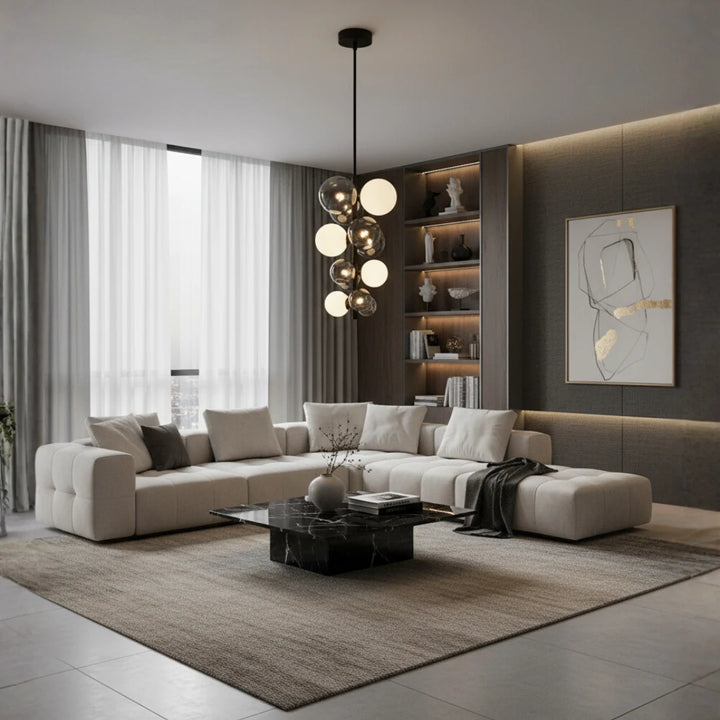Veloura Modern Black and White Glass Pendant Chandelier Living Room View Elegant Lighting