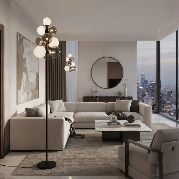 Veloura Modern Floor Lamp Black and White in Living Room Elegant Contemporary Lighting