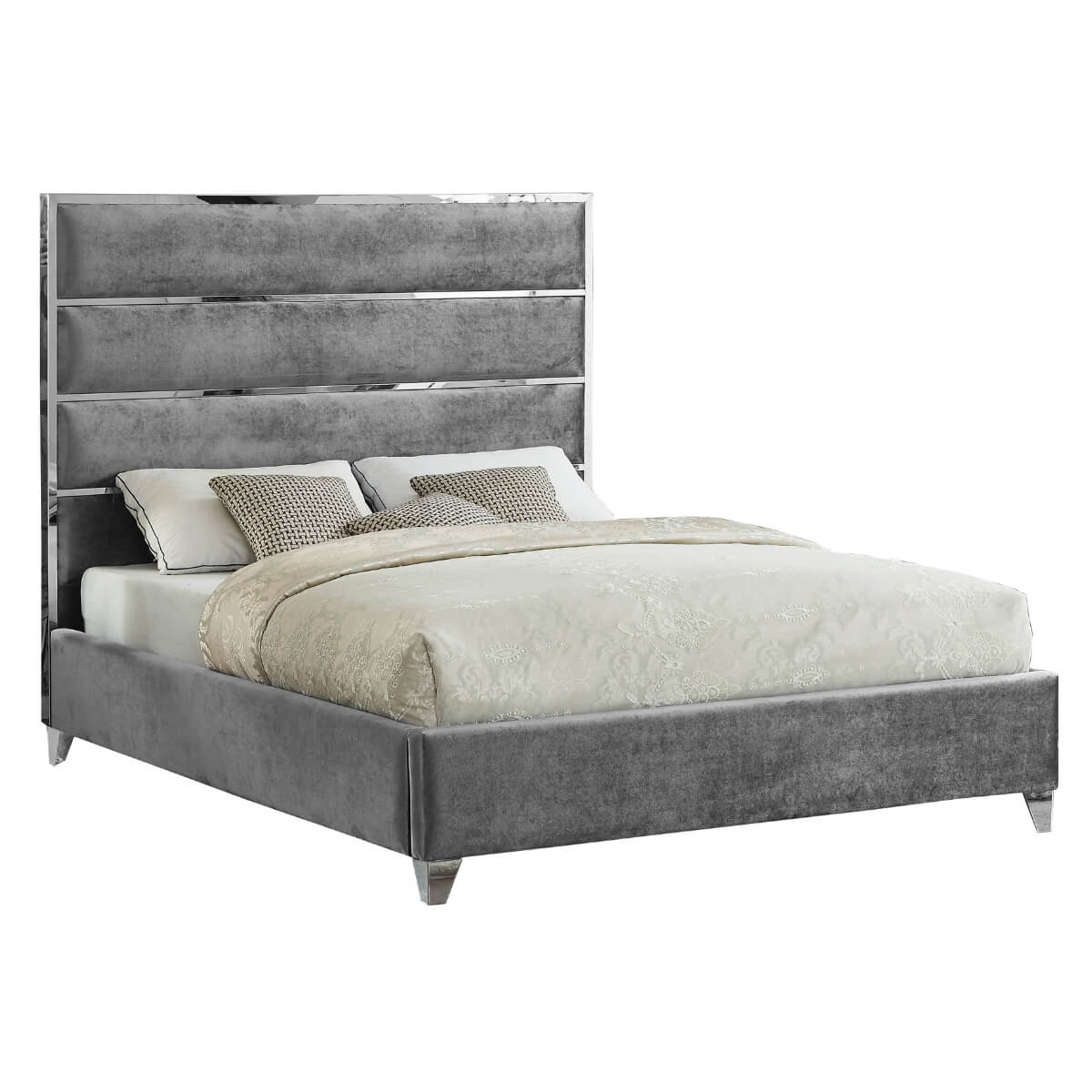 Side view of Velvet Vista luxurious velvet bed showcasing plush upholstery and elegant frame design