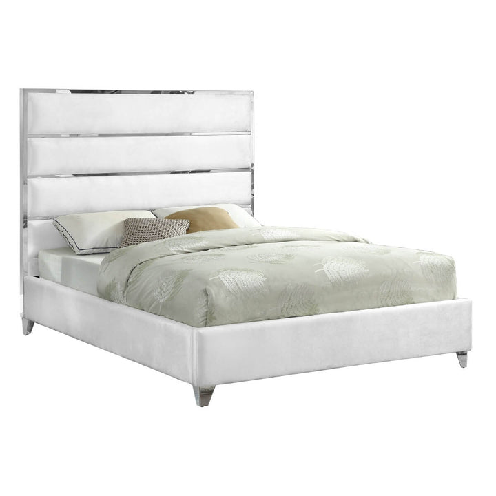Side view of Velvet Vista luxurious white velvet bed showcasing plush upholstery and sleek design