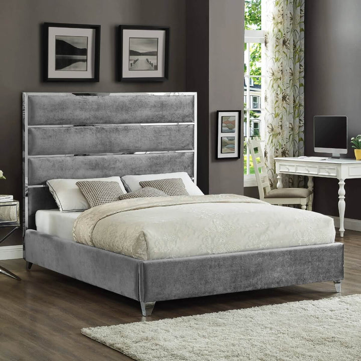 Front view of Velvet Vista luxurious velvet bed featuring plush tufted headboard and soft upholstery