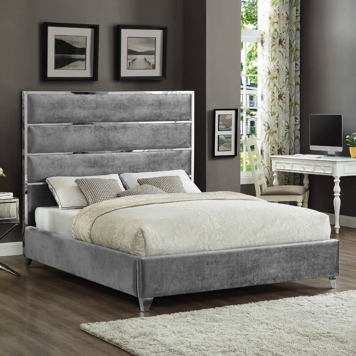 Front view of Velvet Vista luxurious velvet bed featuring plush tufted headboard and soft upholstery