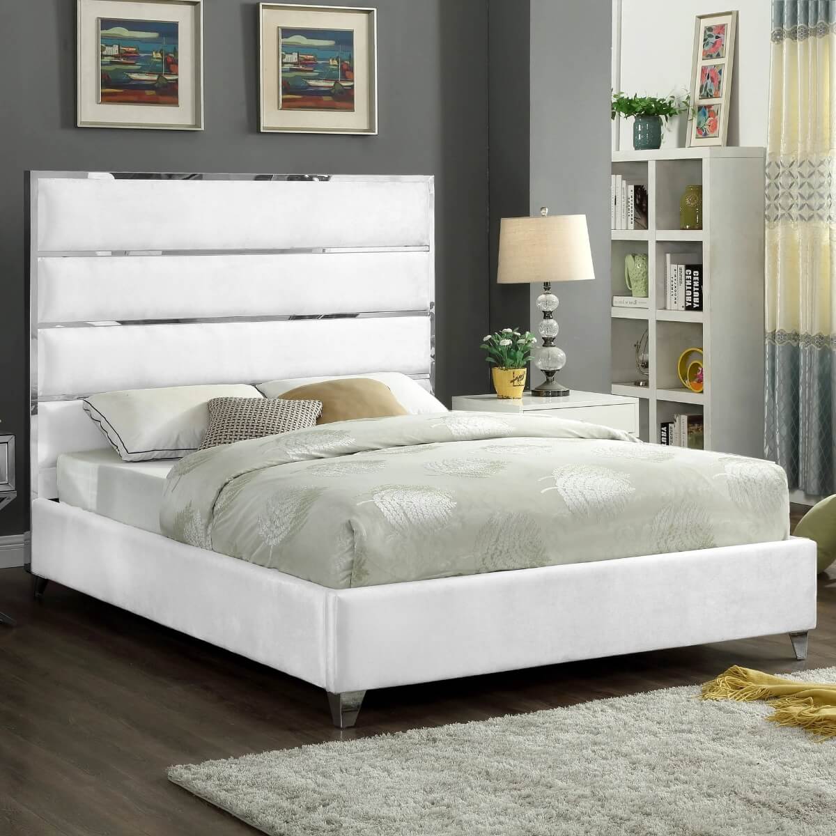 Elegant Velvet Vista luxurious white velvet bed showcasing tufted headboard and plush upholstery