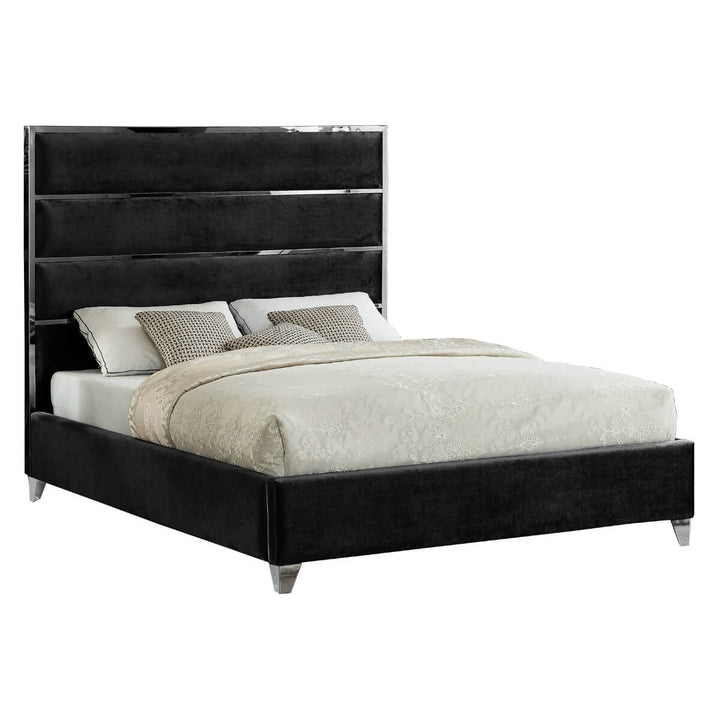 Velvet Vista luxurious black velvet bed featuring tufted headboard and sleek, modern design
