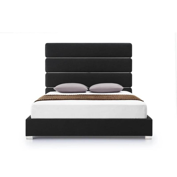 Front view of Velvet Vista luxurious black velvet bed featuring tufted headboard and plush upholstery