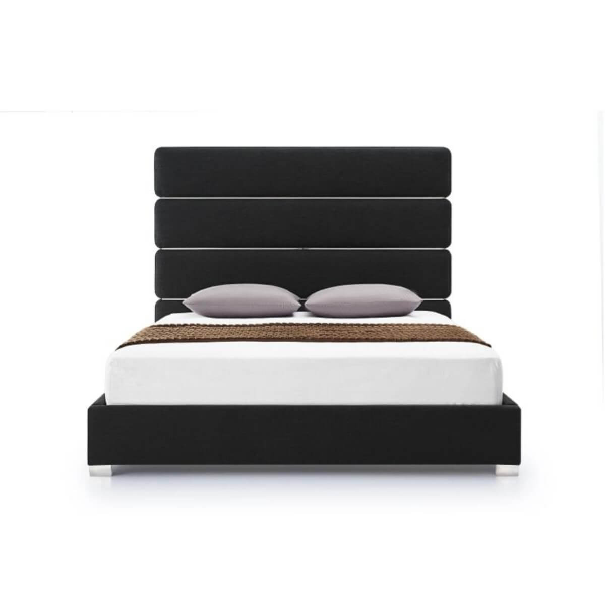 Front view of Velvet Vista luxurious black velvet bed featuring tufted headboard and plush upholstery
