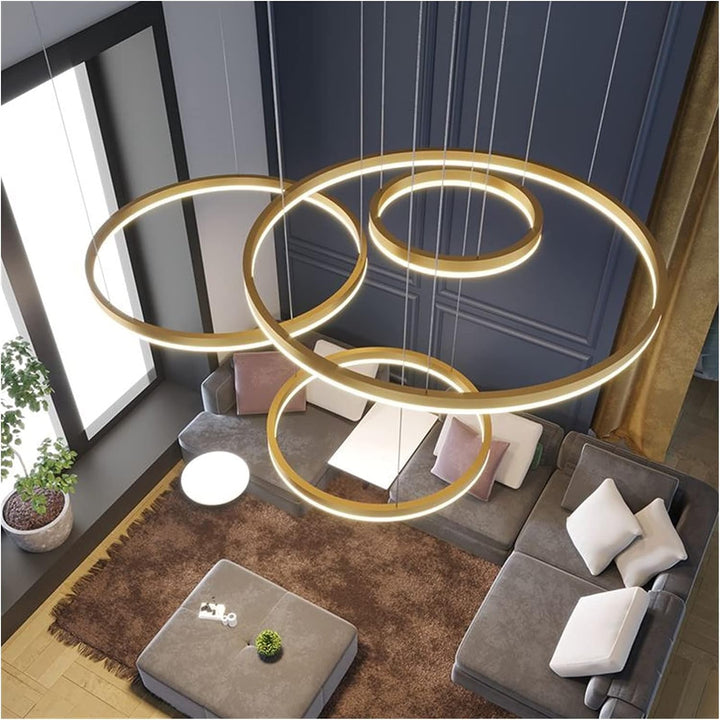 Top view of Vivid 5-ring circular chandelier light, showcasing its sleek layered ring design and modern craftsmanship